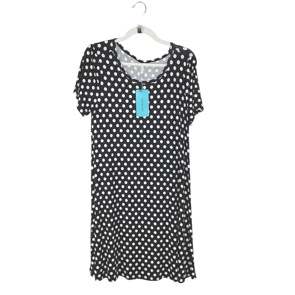 POPYOUNG Womens Black White Polka Dot Short Sleeve Scoop Neck T-Shirt Dress XL